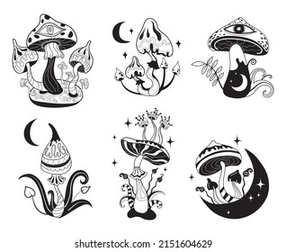 Mystic mushrooms. Celestial witchy mushroom with mystical elements, moon phase esoteric stars sakral gothic mushrooming, hippie psilocybin tattoo vector. Illustration of magic and mystical mushroom