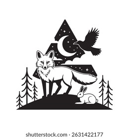 Mystic Mystical Forest Scene with Fox, Hare, Raven, and Moon Vector