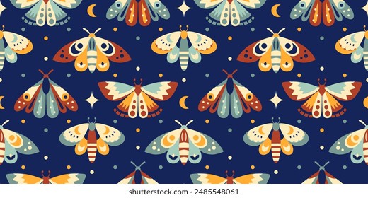 Fondo sin fisuras de la estética de la noche mística. Fondo de pantalla boho retro. Insectos misteriosos: polillas, mariposas. Impresión plana azul oscuro