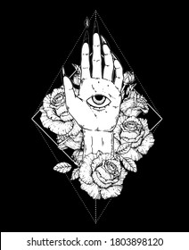 Mystic And Occult Hand. Palm With An All-seeing Eye. Mystical Print. Hand Drawn Vector Illustration. Hand And Roses.