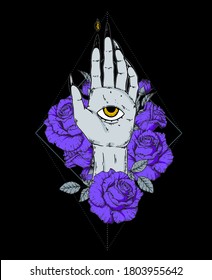 Mystic and occult hand. Palm with an all-seeing eye. Mystical print. Hand drawn vector illustration. Hand and roses.