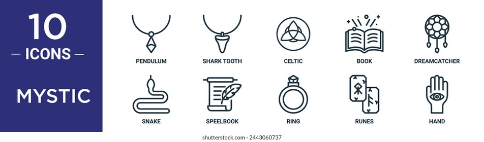 mystic outline icon set includes thin line pendulum, shark tooth, celtic, book, dreamcatcher, snake, speelbook icons for report, presentation, diagram, web design