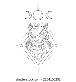 Mystic owl illustration with moon phases. Vector owl sketch. Aesthetic owl art. 