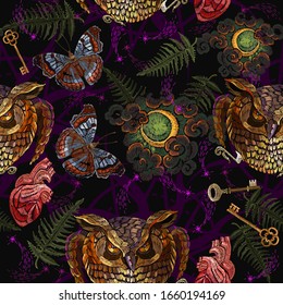 Mystic owl, key, moon, butterflies and anatomical heart. Tarot card. Alchemy style. Occult and esoteric seamless pattern. Black magic illustration. Dark gothic template for clothes 