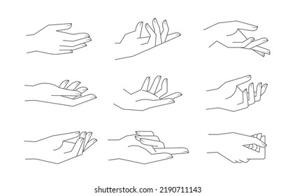 Dibujo lineal vectorial místico de manos de palma. Ilustración vectorial de línea. Diseño estético simple.