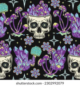 Patrón místico con cráneo humano, cristales, hongos, estrellas. Concepto de espíritu sagrado, magia, mente extendida. Ilustración psicodélica surrealista. Para impresiones, ropa, camisetas, textiles, diseño de superficie
