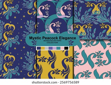 The "Mystic Peacock Elegance" collection offers intricate, celestial-inspired patterns with metallic accents, perfect for luxury textiles, wallpapers, fashion, and high-end graphic design projects.
