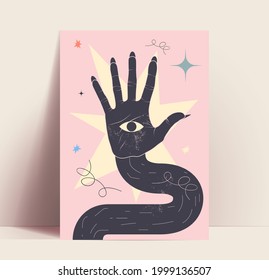 Mystic poster or wallpaper concept with abstract black hand silhouette with eye in the hand palm on pink background. Vintage styled vector illustration