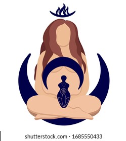 Mystic pregnant. Arcana Tarot Cards. The Empress. Beautiful woman with long hair, pregnant, sitting in lotus pose. Pagan symbol of fertility. woman tribal magic