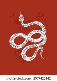 Mystic print snake with rose, vector illustration in trendy linear and silhouette minimal style. Vector interior poster trendy abstract illustration with magical and mystical symbol. Esoteric print.