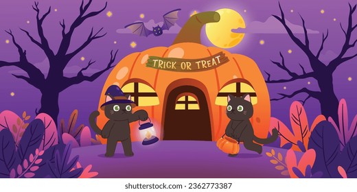 Mystic Pumpkin House on Spooky Full Moon and Starry Halloween Night mit Black Cat Playing Trick oder Treat, Vektorgrafik, Illustration