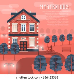 Mystic retro building at dusk. A path to the house with a bicyclist on it. Trees and luminous lanterns. Vector illustration easy to rebuild.