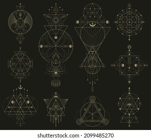 Mystic sacred geometric linear shapes, abstract mystical signs. Abstract sacred linear shapes vector illustration set. Geometric occult sacramental symbols. Esoteric figures with moon phases