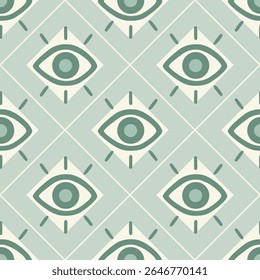 Mystic Seamless Eye Pattern with Geometric Boho Design in Soft Green