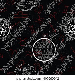 Mystic seamless illustration with zodiac signs and occult symbols on black. Hand drawn vector illustration. There is no foreign text in the image, all symbols are imaginary and fantasy ones. 