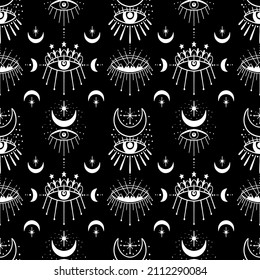 Mystic seamless pattern hamsa and evil eye symbol.Esoteric magic occult amulet.Abstract hand drawn style.Vector illustration.