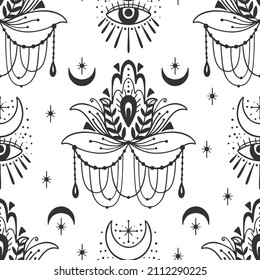 Mystic seamless pattern hamsa and evil eye symbol.Esoteric magic occult amulet.Abstract hand drawn style.Vector illustration.