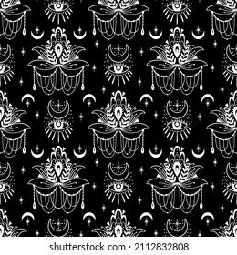Mystic seamless pattern hamsa and evil eye symbol.Esoteric magic occult amulet.Abstract hand drawn style.Vector illustration.