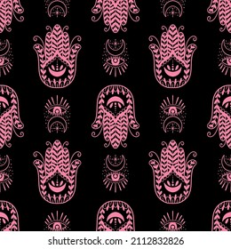 Mystic seamless pattern hamsa and evil eye symbol.Esoteric magic occult amulet.Abstract hand drawn style.Vector illustration.