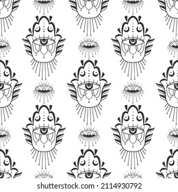 Mystic seamless pattern hamsa and evil eye symbol.Esoteric magic occult amulet.Abstract hand drawn style.Vector illustration.
