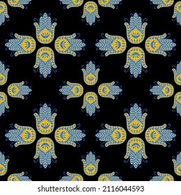 Mystic seamless pattern hamsa and evil eye symbol.Esoteric magic occult amulet.Abstract hand drawn style.Vector illustration.