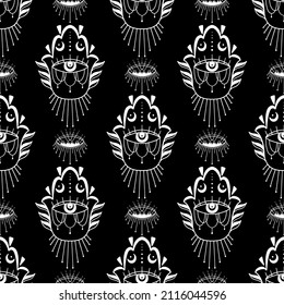 Mystic seamless pattern hamsa and evil eye symbol.Esoteric magic occult amulet.Abstract hand drawn style.Vector illustration.