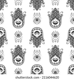 Mystic seamless pattern hamsa and evil eye symbol.Esoteric magic occult amulet.Abstract hand drawn style.Vector illustration.