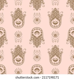 Mystic seamless pattern hamsa and evil eye symbol.Esoteric magic occult amulet.Abstract hand drawn style.Vector illustration.