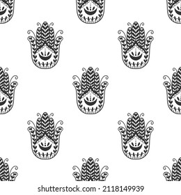 Mystic seamless pattern hamsa and evil eye symbol.Esoteric magic occult amulet.Abstract hand drawn style.Vector illustration.