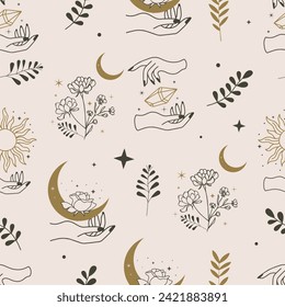 mystisches, nahtloses Musterdesign mit Hand und Kristall