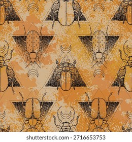 Padrão místico sem emenda inspirado em manuscritos medievais, apresentando símbolos esotéricos, mágicos e ocultos. Textura vetorial desenhada à mão retrô perfeita para papéis de parede, têxteis e desenhos de embrulho.