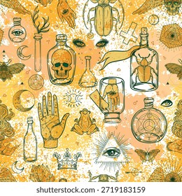 Padrão místico sem emenda inspirado em manuscritos medievais, apresentando símbolos esotéricos, mágicos e ocultos. Textura vetorial desenhada à mão retrô perfeita para papéis de parede, têxteis,