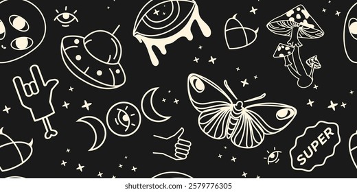 Mystic seamless pattern with UFOs, mushrooms, eyes, moon, butterflies,esoteric symbols tattoo style on a black. Perfect for alternative and boho designs print, wallpaper, fabric. Vector illustration