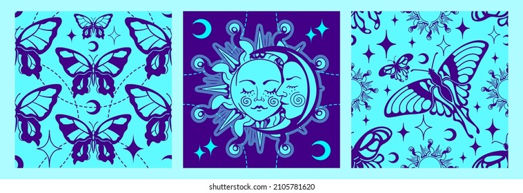 Mystic seamless patterns, wallpapers. Astrology, spiritual, yoga, boho theme. Celestial mysterious backgrounds, with witchcraft, sun, crescent moon.	
