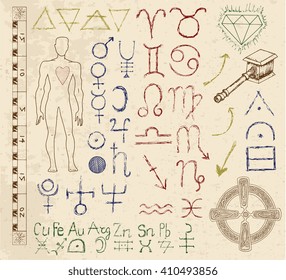 Mystic set with astrology, Zodiac, planet and alchemic symbols. Line art vector illustration of engraved horoscope signs. Doodle mystic drawing and hand drawn sketch with human body  and emblems