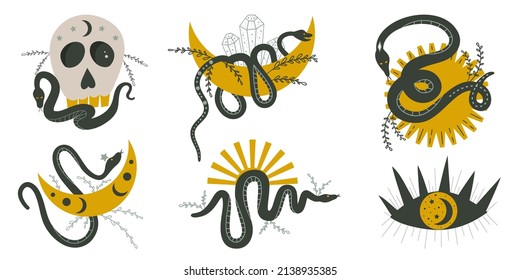 Místico conjunto celestial oculto con serpiente, sol, luna y escoria aislados. astrología de boho celeste. Ilustración mágica para la brujería y el oculto. Ilustración vectorial plana