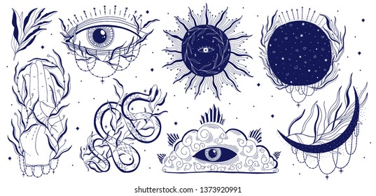 Mystic set illustration, esoteric sign,magic life. Vintage old style, graphic line. Isolated in white background. Hand drawn vector.