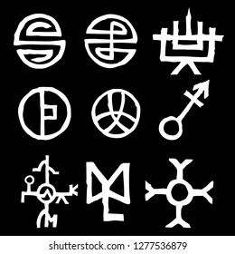 Mystic set with magic circles, pentagram and imaginary chakras symbols. Collection of icons with witchcraft and occult hand writing letters. Esoteric concept. Vector 