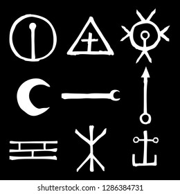 Mystic set with magic circles, pentagram and imaginary chakras symbols. Collection of icons with witchcraft and occult hand writing letters. Esoteric concept. Vector 