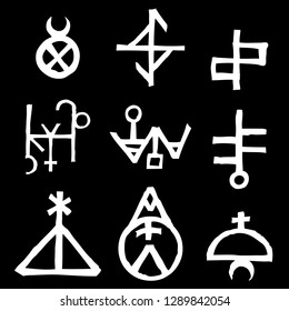 Mystic set with magic circles, pentagram and imaginary chakras symbols. Collection of icons with witchcraft and occult hand writing letters. Esoteric concept. Vector 