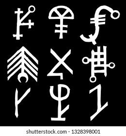 Mystic set with magic circles, pentagram and imaginary chakras symbols. Collection of icons with witchcraft and occult hand writing letters. Esoteric concept. Vector 