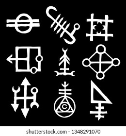 Mystic set with magic circles, pentagram and imaginary chakras symbols. Collection of icons with witchcraft and occult hand writing letters. Esoteric concept. Vector 