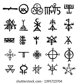 Mystic set with magic circles, pentagram and imaginary chakras symbols. Collection of icons with witchcraft and occult hand writing letters. Esoteric concept. Vector 