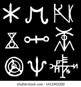 Mystic set with magic circles, pentagram and imaginary chakras symbols. Collection of icons with witchcraft and occult hand writing letters. Esoteric concept. Vector 