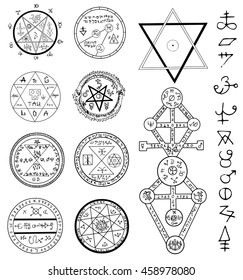 Mystic set with magic circles, pentagram and symbols. Collection of sketch doodle emblems with mystic and occult hand drawn symbols. Halloween and esoteric concept