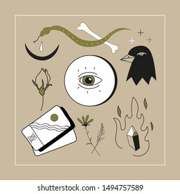 Mystic set of magical object. Framed illustration on a beige background.