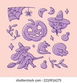 Mystic set of witch items for halloween. Occult collection. Hand Drawn Line Art Illustration