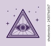 Mystic sign, isolated icon of eye of providence within triangle with stars. Occult and magical symbolics, masonic and illuminati symbol of watchful oversight of higher power. Vector in flat style