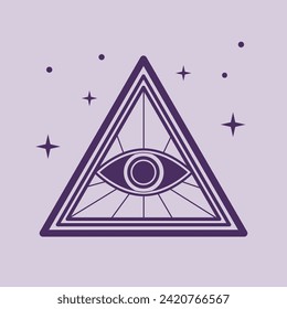 Mystic sign, isolated icon of eye of providence within triangle with stars. Occult and magical symbolics, masonic and illuminati symbol of watchful oversight of higher power. Vector in flat style