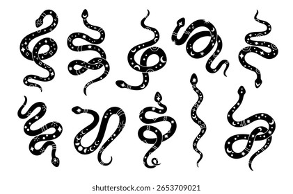 Mystic snake. Black silhouette snakes with magical signs on bodies, kundalini symbol, writhing reptiles, scaly animals, tattoo design, boho sun and stars, garish vector isolated set